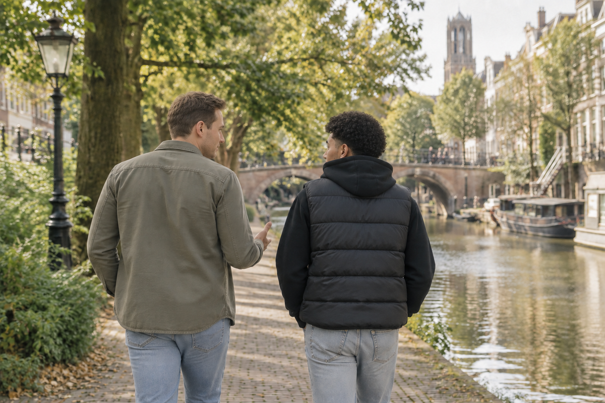 AI-sfeerbeeld van een begeleider en jongere tijdens een wandeling in Utrecht.